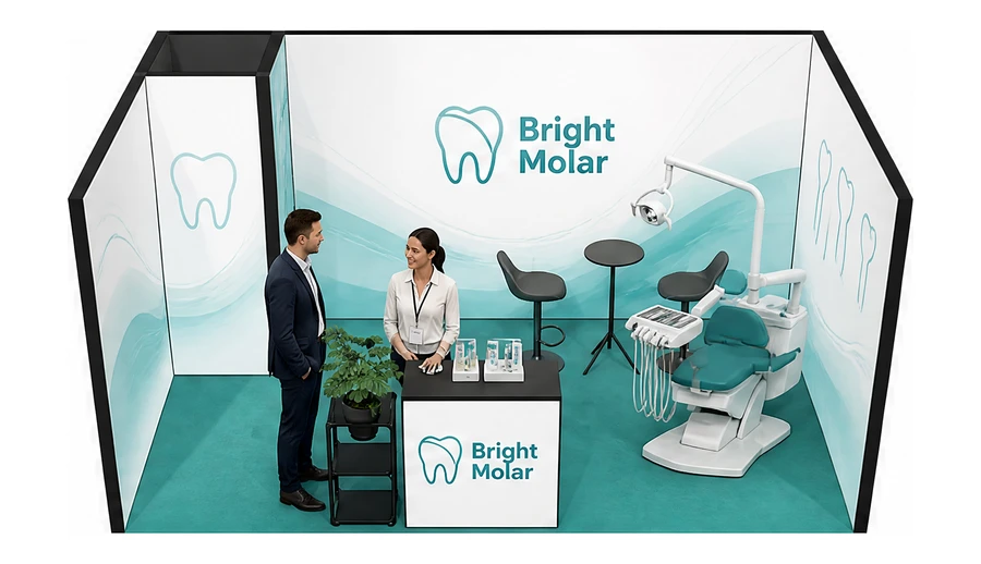 Stoisko 5 × 3 m szeregowe dla branży stomatologia, przykładowa marka Bright Molar