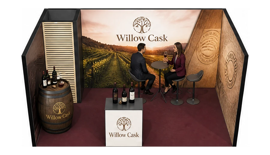 Stoisko 5 × 3 m szeregowe dla branży winnica, przykładowa marka Willow Cask