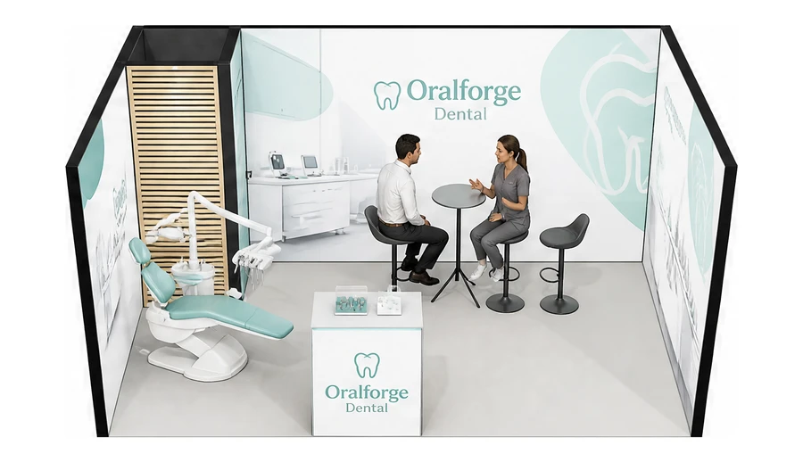 Stoisko 5 × 3 m szeregowe dla branży stomatologia, przykładowa marka Oralforge Dental