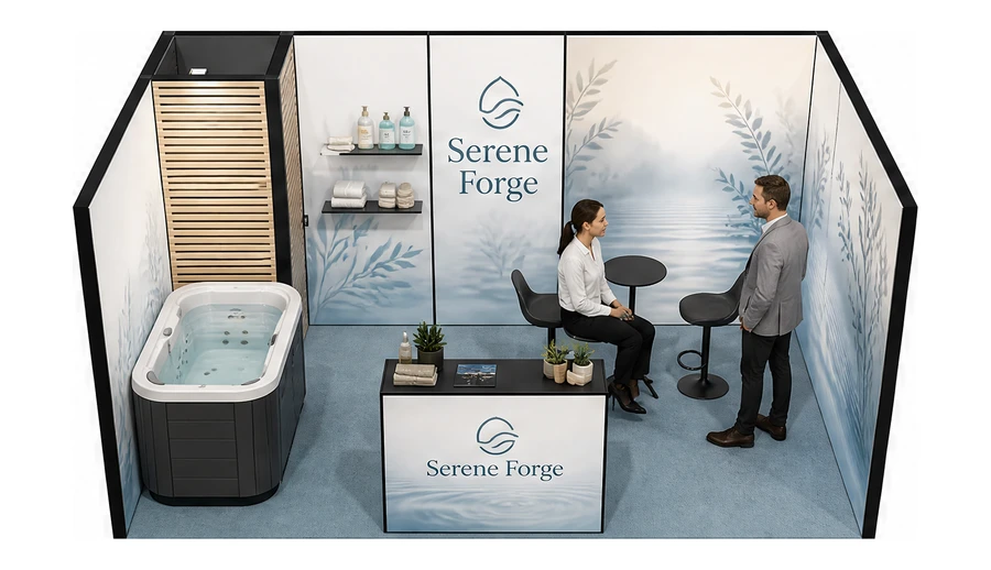 Stoisko 5 × 3 m szeregowe dla branży spa i wellness, przykładowa marka Serene Forge