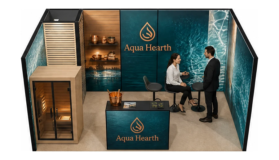 Stoisko 5 × 3 m szeregowe dla branży baseny i sauny, przykładowa marka Aqua Hearth