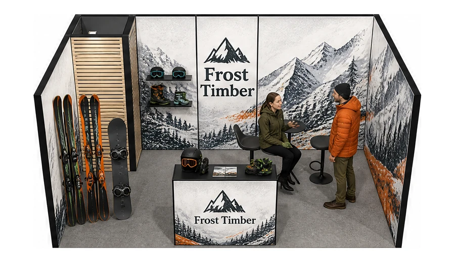 Stoisko 5 × 3 m szeregowe dla branży narciarstwo i sporty zimowe, przykładowa marka Frost Timber
