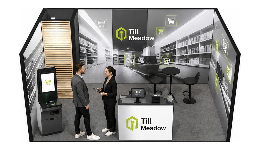 Stoisko 5 × 3 m szeregowe dla branży technologie dla handlu, przykładowa marka Till Meadow
