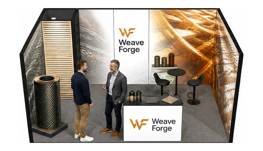 Stoisko 5 × 3 m szeregowe dla branży materiały kompozytowe, przykładowa marka Weave Forge