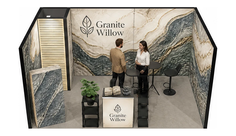 Stoisko 5 × 3 m szeregowe dla branży kamień i kamieniarstwo, przykładowa marka Granite Willow