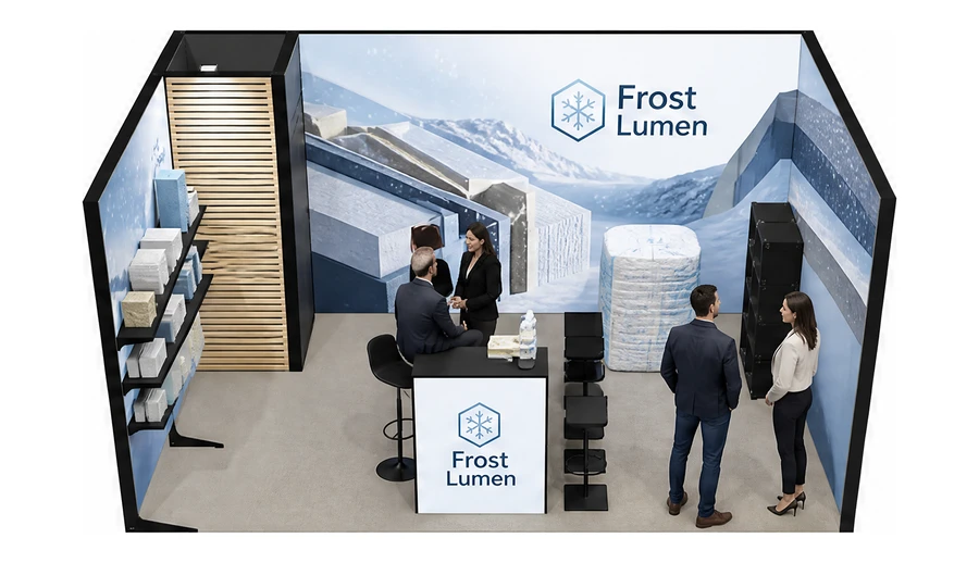 Stoisko 5 × 3 m szeregowe dla branży izolacje techniczne, przykładowa marka Frost Lumen