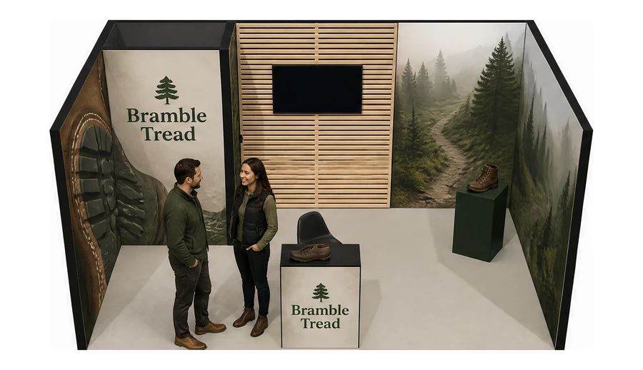 Stoisko 5 × 3 m szeregowe dla branży obuwie, przykładowa marka Bramble Tread