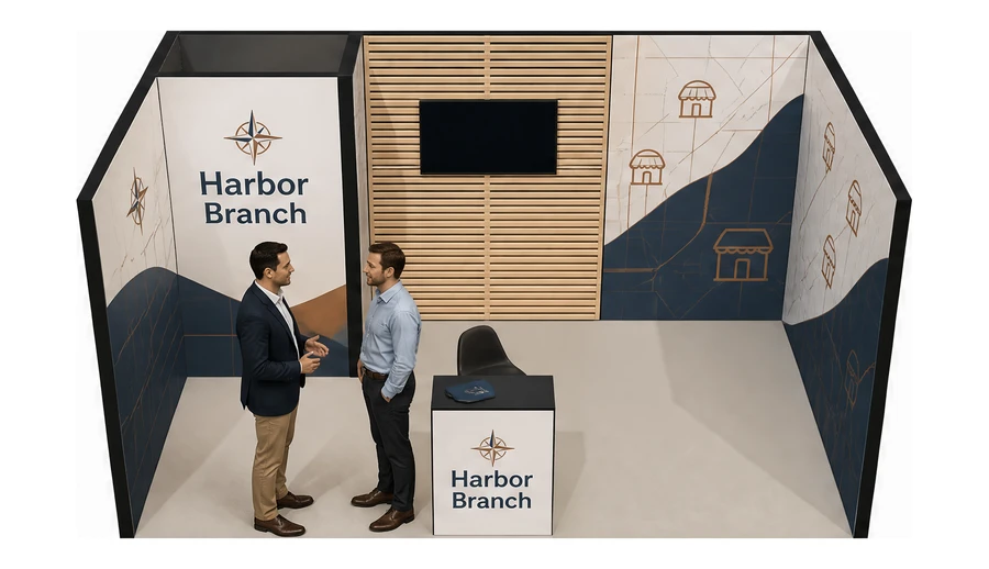 Stoisko 5 × 3 m szeregowe dla branży franczyza i sieci, przykładowa marka Harbor Branch