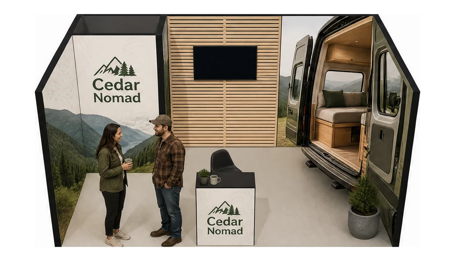 Stoisko 5 × 3 m szeregowe dla branży caravaning i kampery, przykładowa marka Cedar Nomad