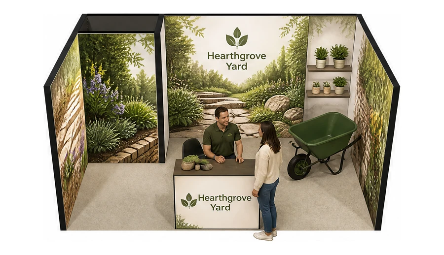 Stoisko 5 × 3 m szeregowe dla branży ogród i architektura krajobrazu, przykładowa marka Hearthgrove Yard