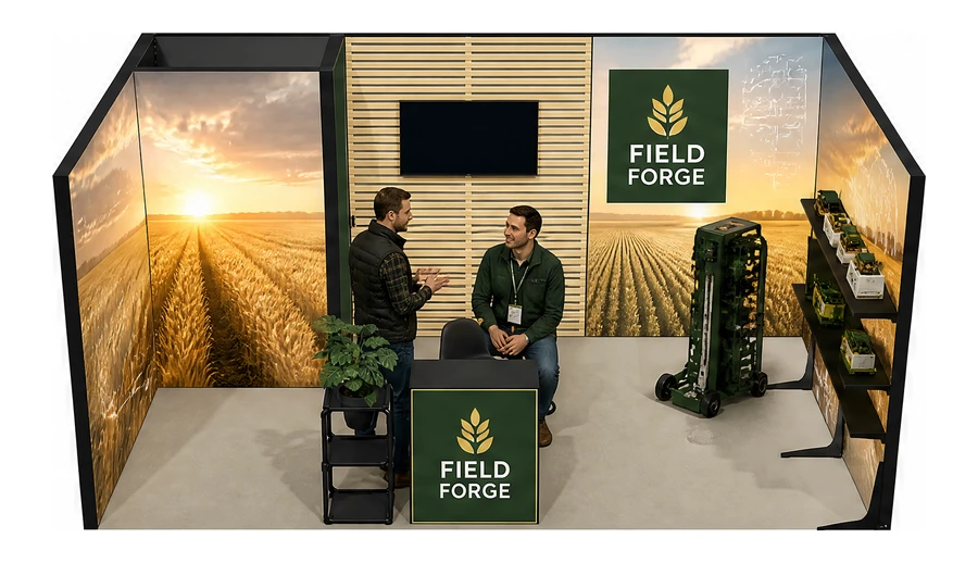 Stoisko 5 × 3 m szeregowe dla branży maszyny rolnicze, przykładowa marka Field Forge