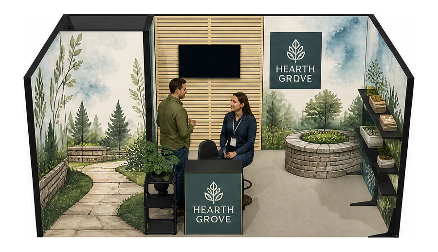 Stoisko 5 × 3 m szeregowe dla branży ogród i architektura krajobrazu, przykładowa marka Hearth Grove