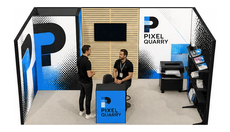 Stoisko 5 × 3 m szeregowe dla branży reklama i druk, przykładowa marka Pixel Quarry