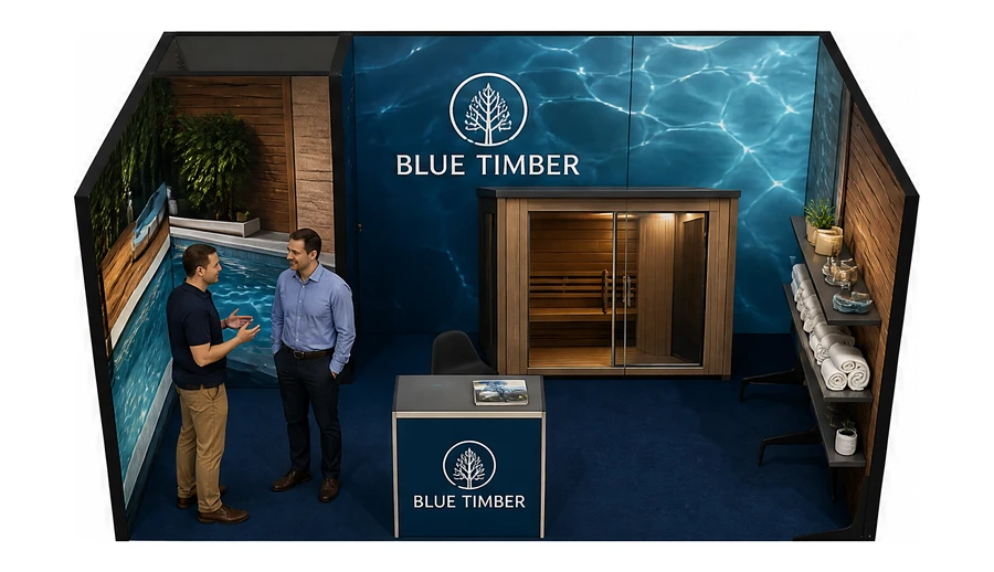 Stoisko 5 × 3 m szeregowe dla branży baseny i sauny, przykładowa marka Blue Timber