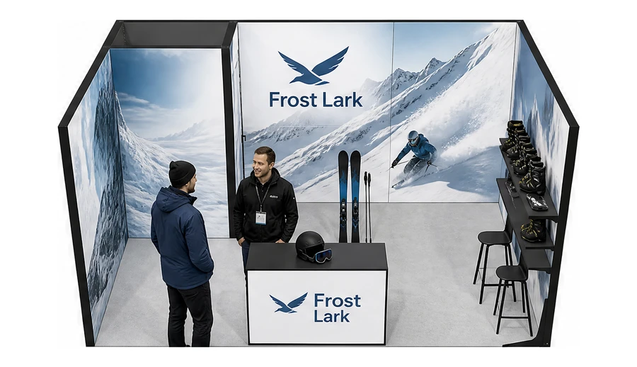 Stoisko 5 × 3 m szeregowe dla branży narciarstwo i sporty zimowe, przykładowa marka Frost Lark