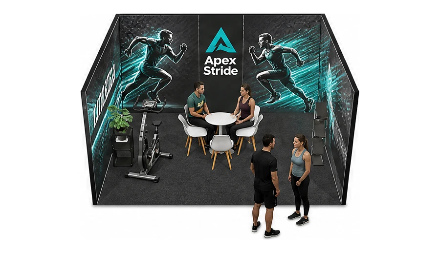 Stoisko 5 × 4 m szeregowe dla branży sprzęt sportowy, przykładowa marka Apex Stride