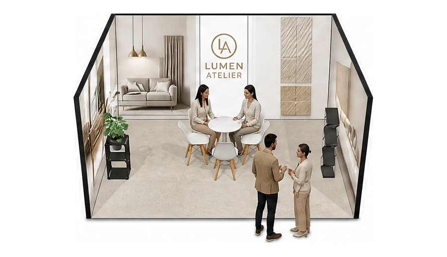 Stoisko 5 × 4 m szeregowe dla branży meble designerskie, przykładowa marka Lumen Atelier