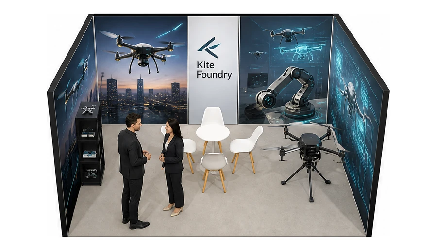 Stoisko 5 × 4 m szeregowe dla branży drony i robotyka, przykładowa marka Kite Foundry