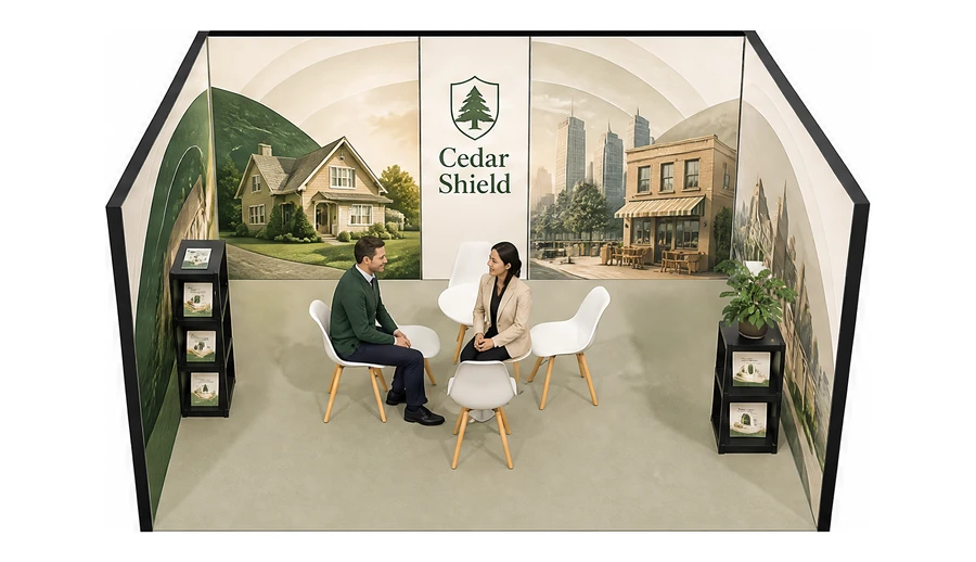 Stoisko 5 × 4 m szeregowe dla branży ubezpieczenia, przykładowa marka Cedar Shield