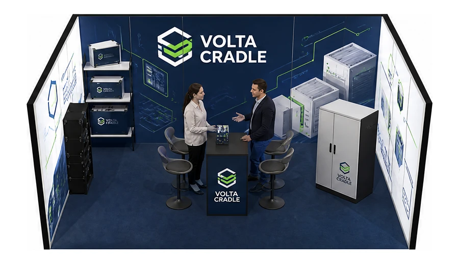 Stoisko 5 × 4 m szeregowe dla branży magazyny energii, przykładowa marka Volta Cradle