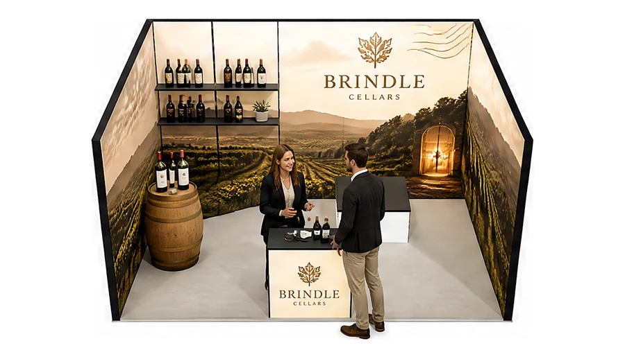 Stoisko 5 × 4 m szeregowe dla branży winnica, przykładowa marka Brindle Cellars