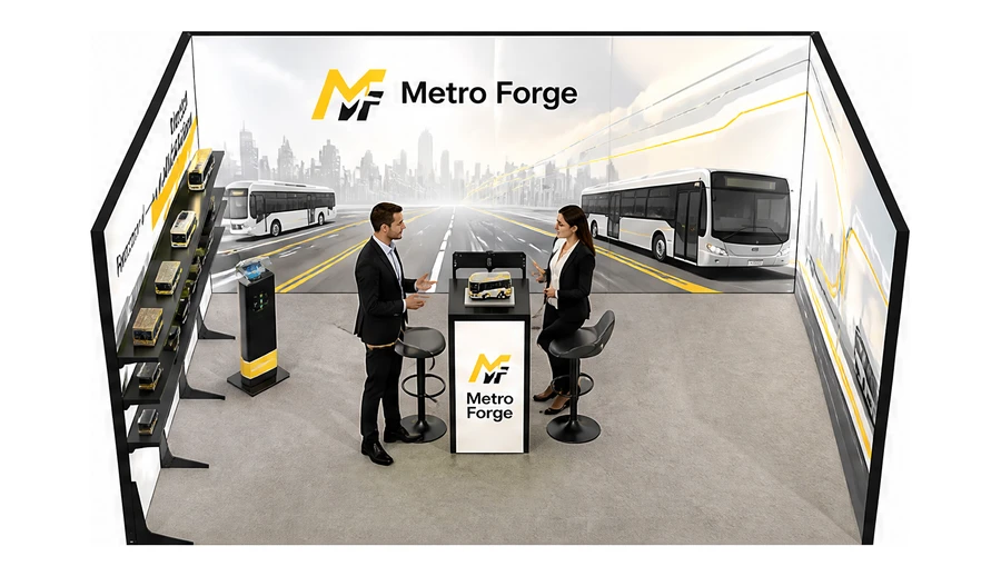 Stoisko 5 × 4 m szeregowe dla branży autobusy i transport zbiorowy, przykładowa marka Metro Forge
