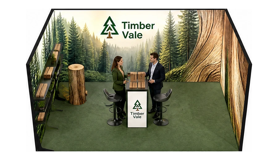 Stoisko 5 × 4 m szeregowe dla branży leśnictwo i przemysł drzewny, przykładowa marka Timber Vale