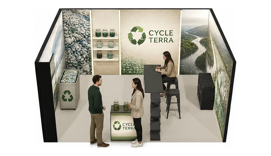 Stoisko 5 × 4 m szeregowe dla branży recykling i ochrona środowiska, przykładowa marka Cycle Terra