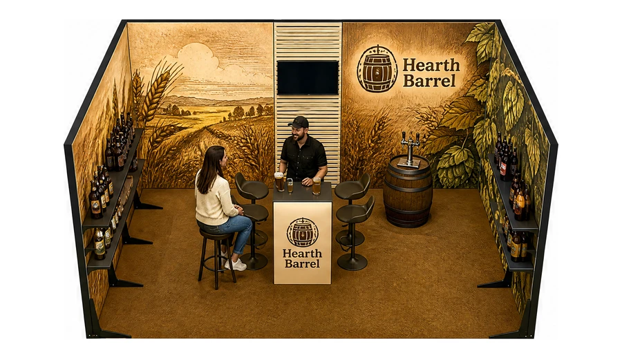 Stoisko 5 × 4 m szeregowe dla branży browar rzemieślniczy, przykładowa marka Hearth Barrel