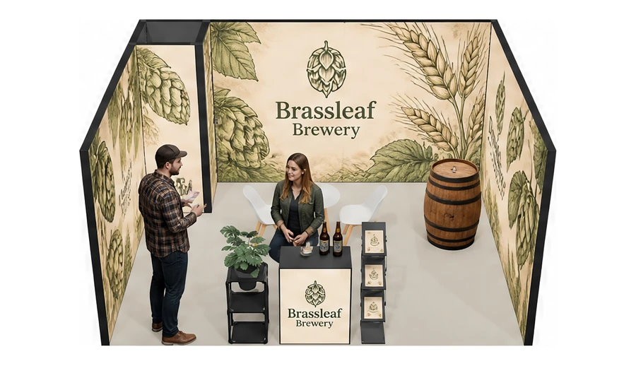 Stoisko 5 × 4 m szeregowe dla branży browar rzemieślniczy, przykładowa marka Brassleaf Brewery