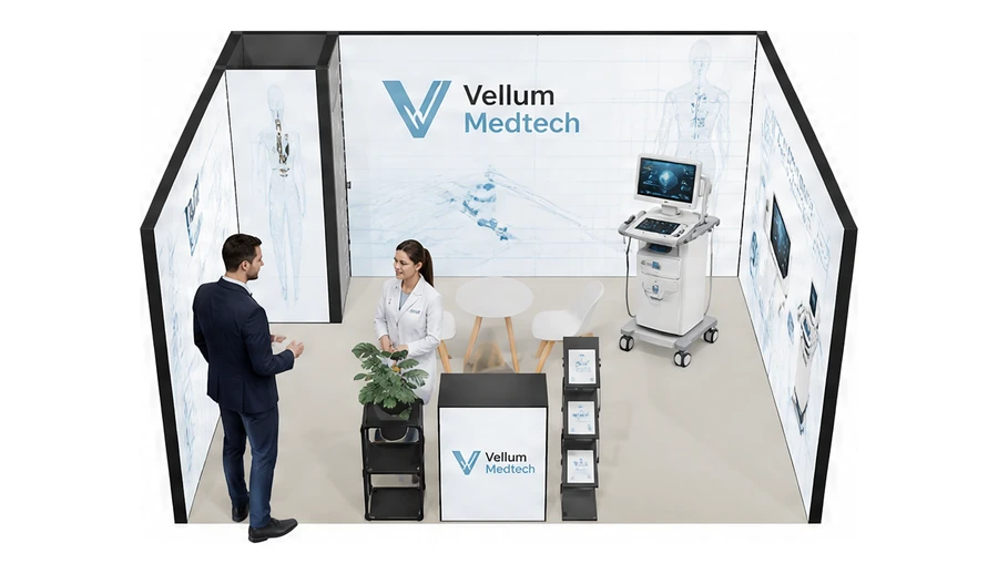 Stoisko 5 × 4 m szeregowe dla branży sprzęt medyczny, przykładowa marka Vellum Medtech