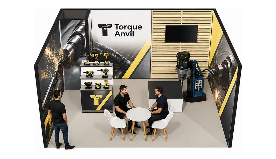 Stoisko 5 × 4 m szeregowe dla branży elektronarzędzia, przykładowa marka Torque Anvil