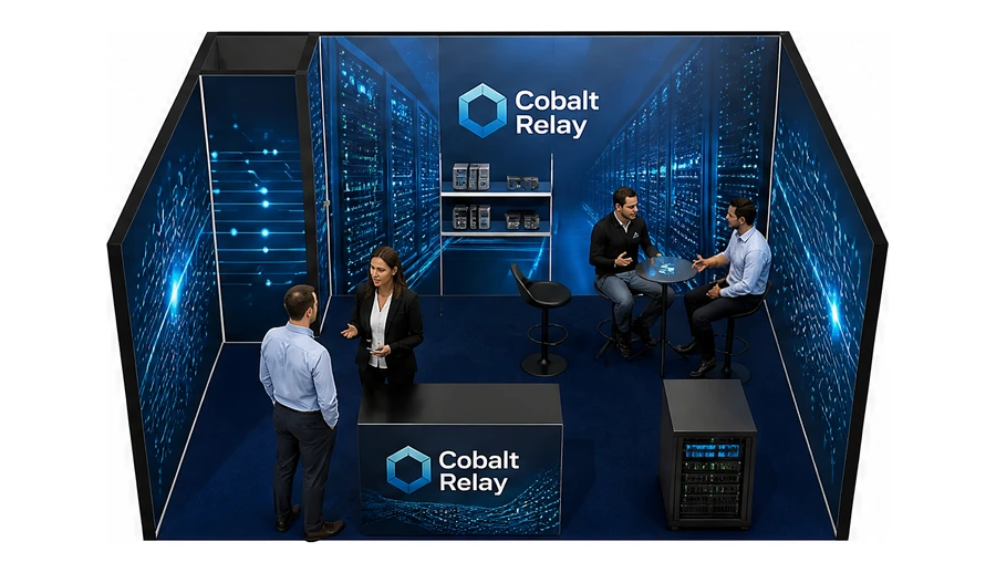 Stoisko 5 × 4 m szeregowe dla branży infrastruktura IT i data center, przykładowa marka Cobalt Relay
