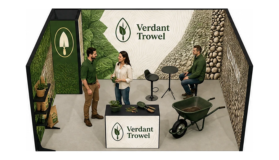 Stoisko 5 × 4 m szeregowe dla branży ogród i architektura krajobrazu, przykładowa marka Verdant Trowel