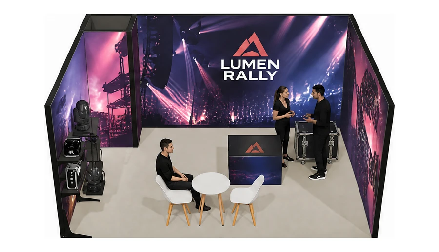 Stoisko 5 × 4 m szeregowe dla branży branża eventowa, przykładowa marka Lumen Rally