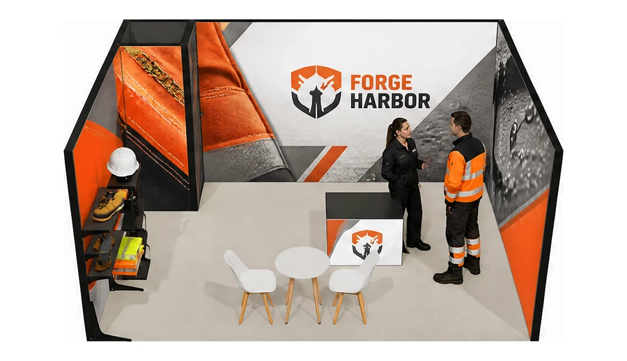 Stoisko 5 × 4 m szeregowe dla branży BHP i odzież ochronna, przykładowa marka Forge Harbor