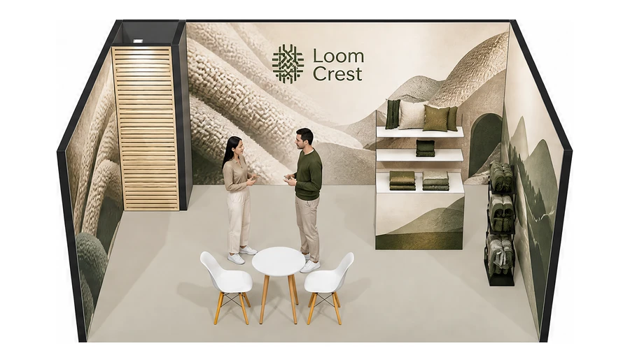 Stoisko 5 × 4 m szeregowe dla branży tekstylia i tkaniny, przykładowa marka Loom Crest