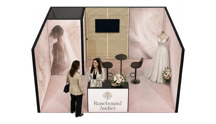 Stoisko 5 × 4 m szeregowe dla branży branża ślubna, przykładowa marka Rosebound Atelier