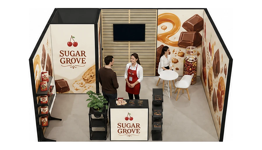 Stoisko 5 × 4 m szeregowe dla branży słodycze i przekąski, przykładowa marka Sugar Grove