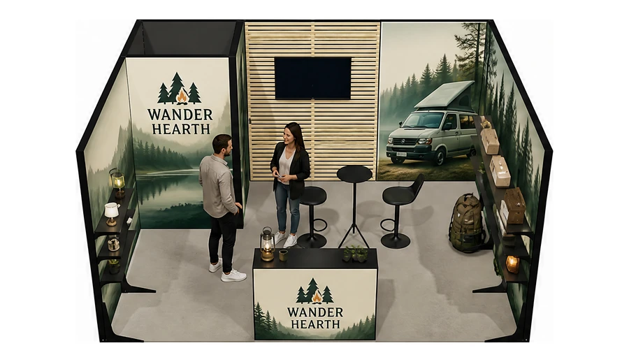 Stoisko 5 × 4 m szeregowe dla branży caravaning i kampery, przykładowa marka Wander Hearth