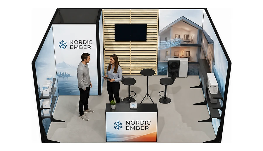 Stoisko 5 × 4 m szeregowe dla branży pompy ciepła i ogrzewanie, przykładowa marka Nordic Ember
