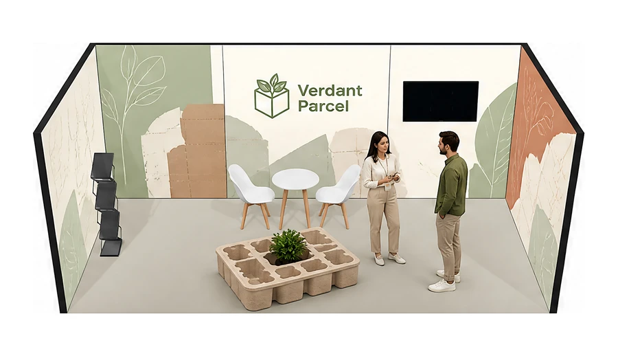 Stoisko 6 × 3 m szeregowe dla branży opakowania ekologiczne, przykładowa marka Verdant Parcel