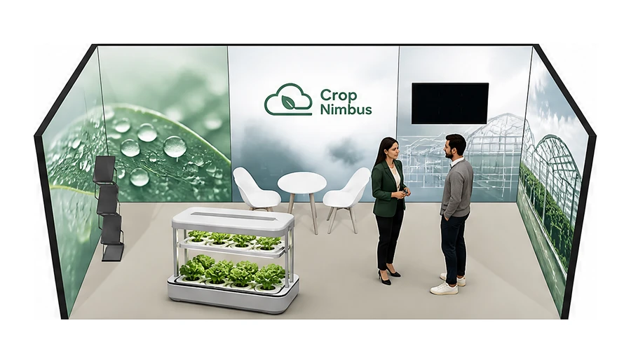 Stoisko 6 × 3 m szeregowe dla branży sadownictwo i warzywnictwo, przykładowa marka Crop Nimbus