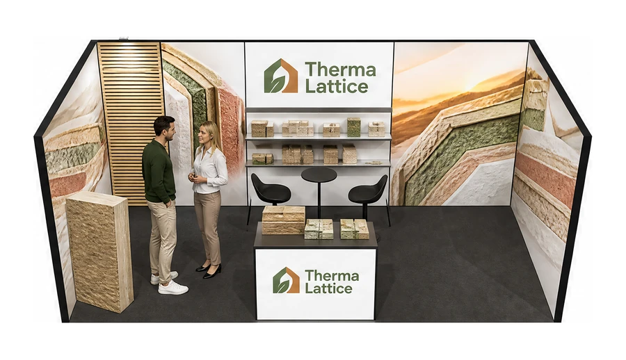 Stoisko 6 × 3 m szeregowe dla branży izolacje techniczne, przykładowa marka Therma Lattice