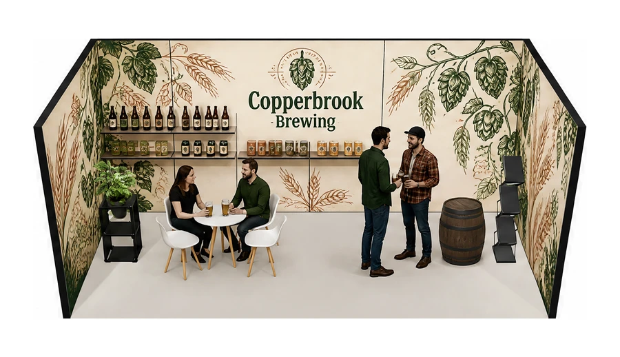Stoisko 6 × 3 m szeregowe dla branży browar rzemieślniczy, przykładowa marka Copperbrook Brewing