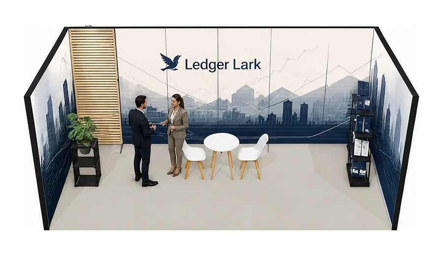 Stoisko 6 × 3 m szeregowe dla branży usługi finansowe i księgowe, przykładowa marka Ledger Lark