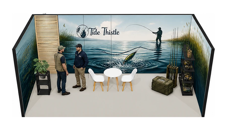Stoisko 6 × 3 m szeregowe dla branży wędkarstwo, przykładowa marka Tide Thistle
