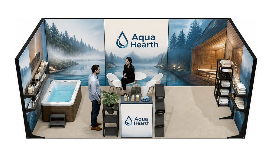 Stoisko 6 × 3 m szeregowe dla branży baseny i sauny, przykładowa marka Aqua Hearth