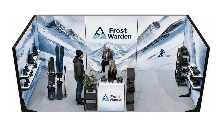 Stoisko 6 × 3 m szeregowe dla branży narciarstwo i sporty zimowe, przykładowa marka Frost Warden