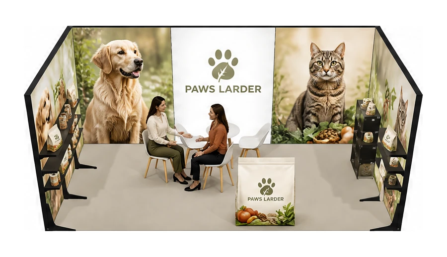 Stoisko 6 × 3 m szeregowe dla branży karma dla zwierząt, przykładowa marka Paws Larder